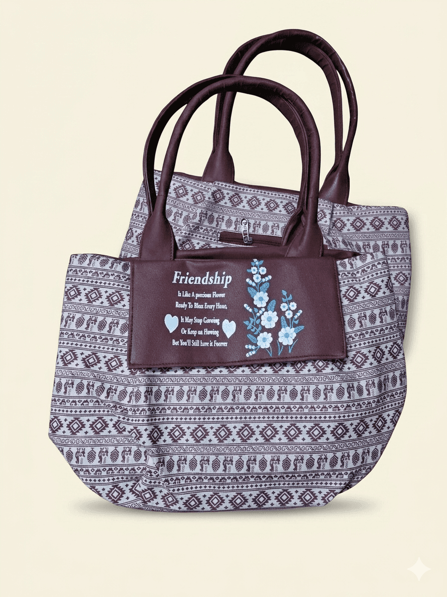 Women's Ethnic Printed Canvas & PU Leather Tote Handbag handbag for women online in India - image 1