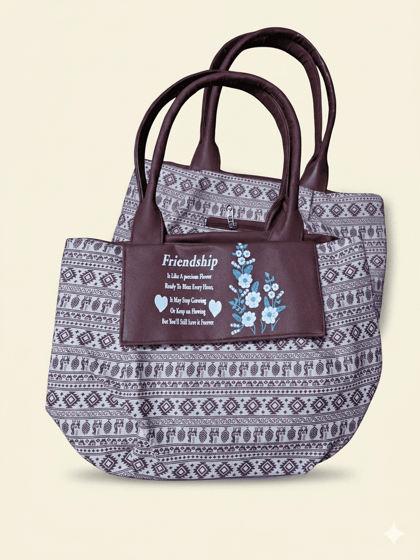 Women's Ethnic Printed Canvas & PU Leather Tote Handbag