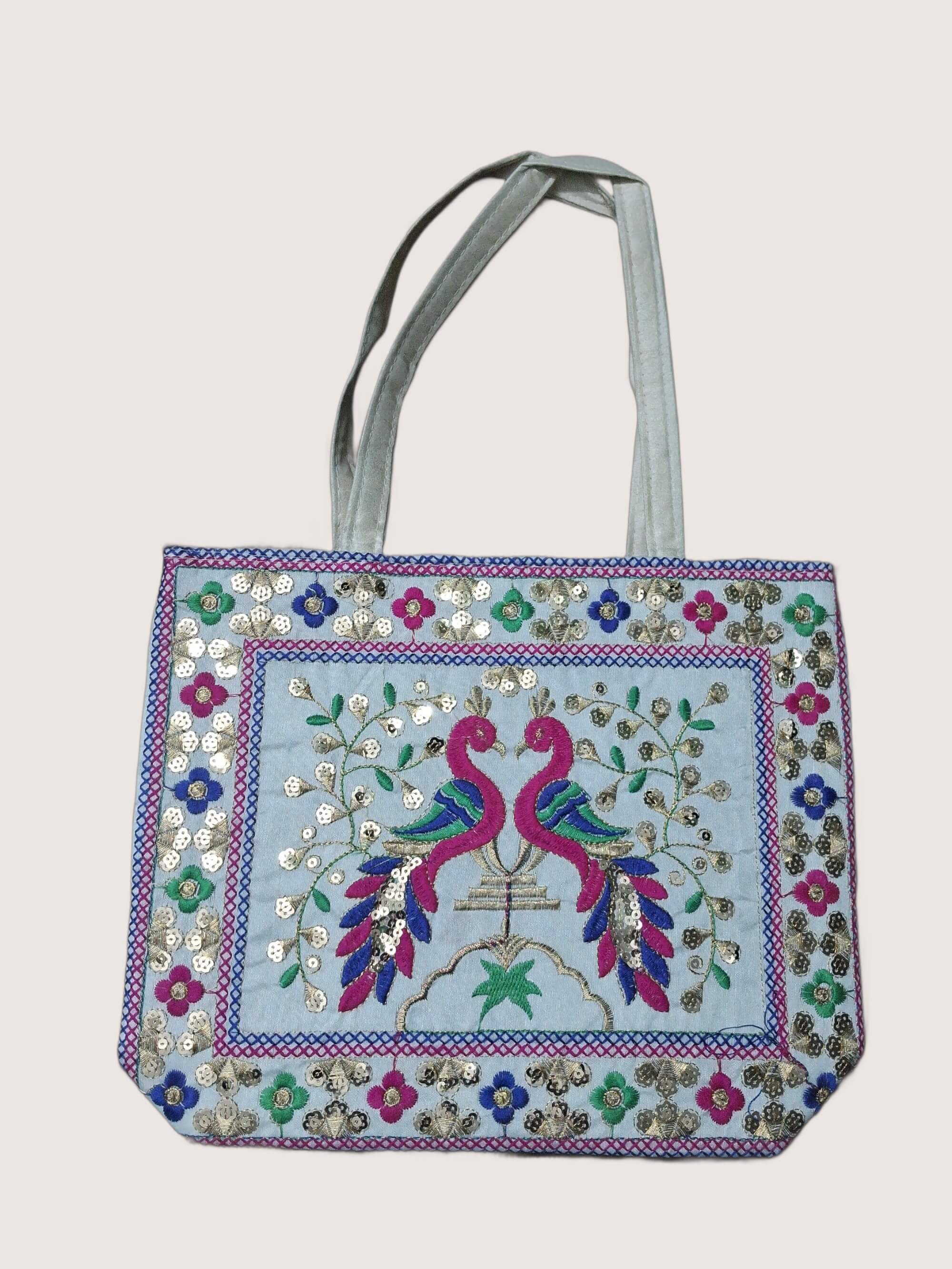 Women's Traditional Peacock Embroidered Sequin Canvas Tote Bag
