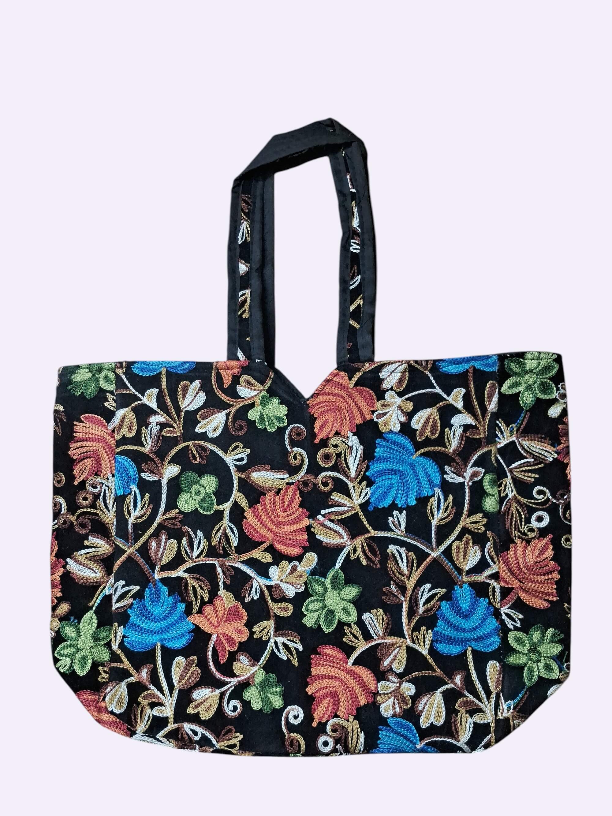 Women's Exquisite Handcrafted Black Velvet Floral Embroidered Tote Bag